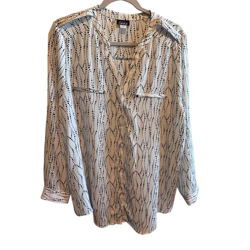 Simply Emma Black White Button Up V-Neck Dress Blouse Shirt Plus Size 1X